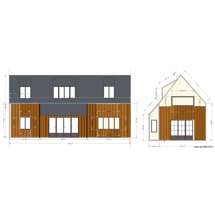 facade avec extension sud Lucarne descendante. Plan de 