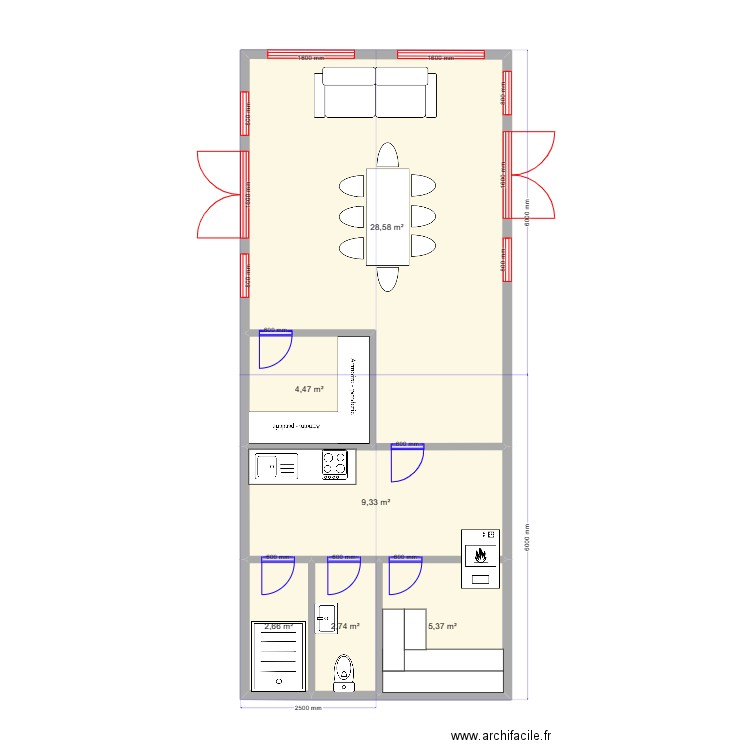 Баня 4 модуля. Plan de 6 pièces et 53 m2