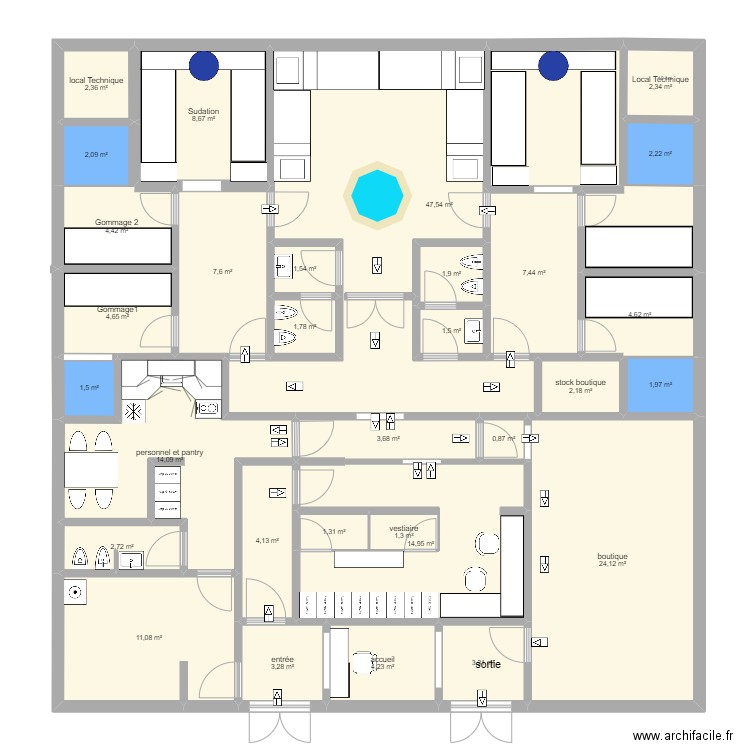 hammam. Plan de 31 pièces et 195 m2