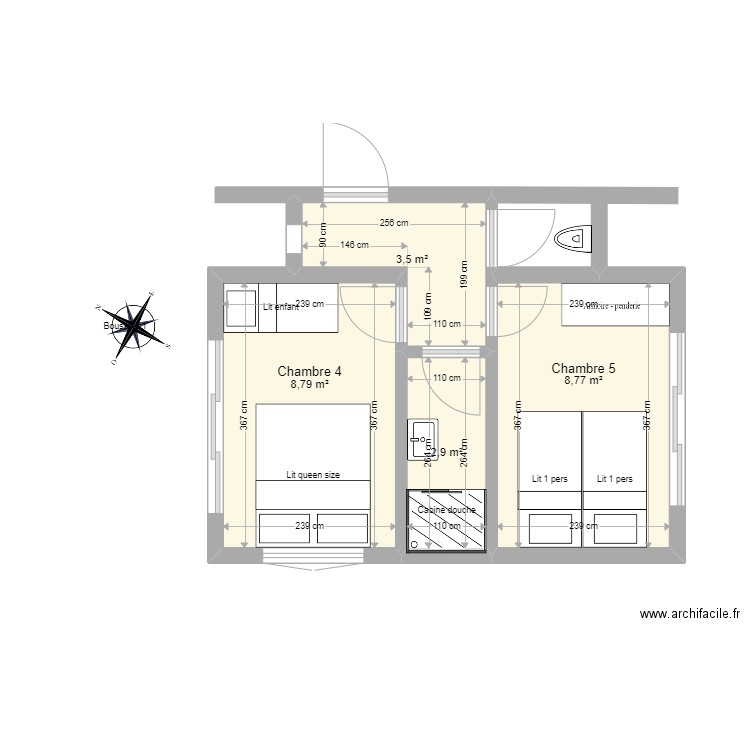 Double chambre 6,6x5. Plan de 4 pièces et 24 m2