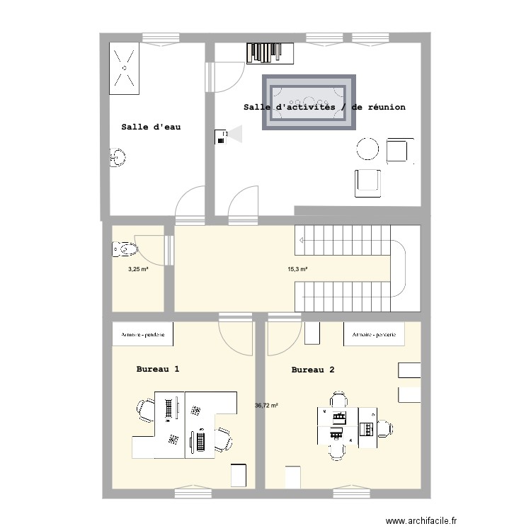 Bureaux des viviers  étage. Plan de 3 pièces et 55 m2