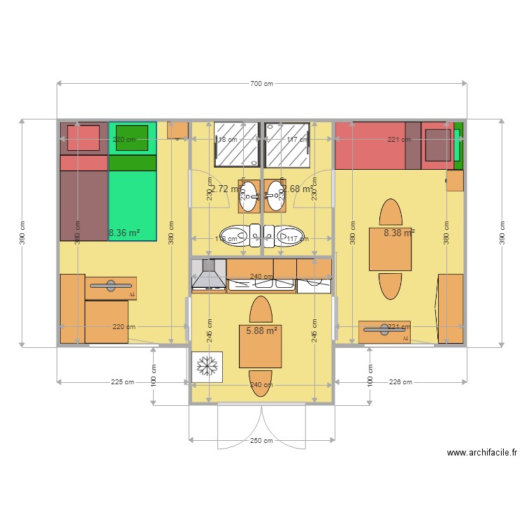 MODELE MONTANA 29M2 CONFIGURATION 4 PERSONNES CHAMBRES DE JOUR ET DE NUIT. Plan de 0 pièce et 0 m2