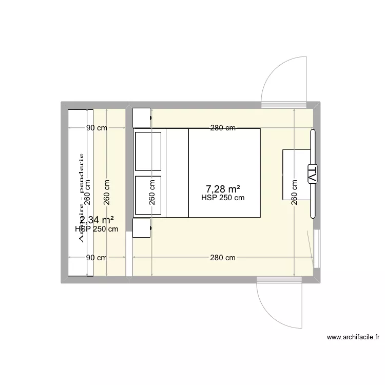 Chambre studio. Plan de 