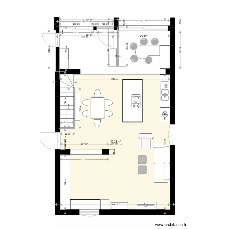 Salon S&eacute;jour cuisine. Plan de 