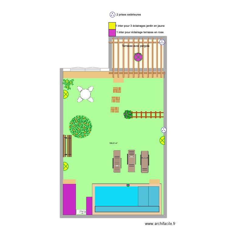 Jardin dernier avec éclairage. Plan de 2 pièces et 118 m2