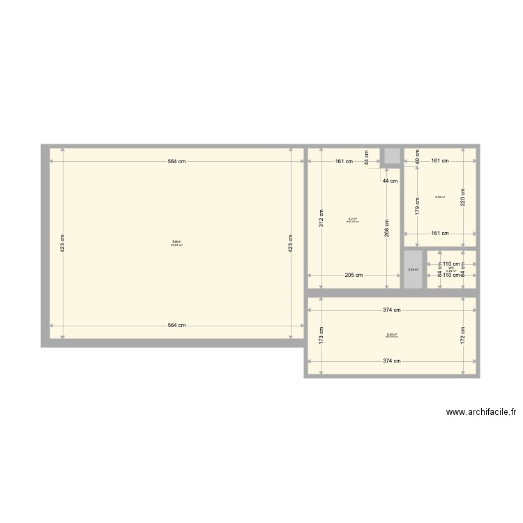 Plan simple V1 sans chambre avec murs. Plan de 7 pièces et 41 m2