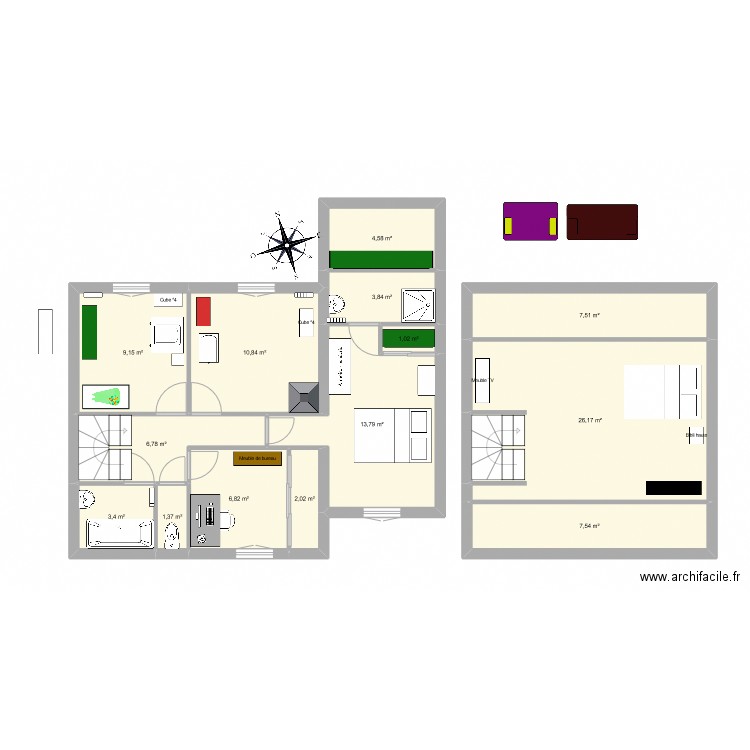 Maison étage 1. Plan de 14 pièces et 105 m2