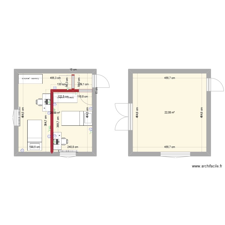 chambre petits. Plan de 2 pièces et 43 m2