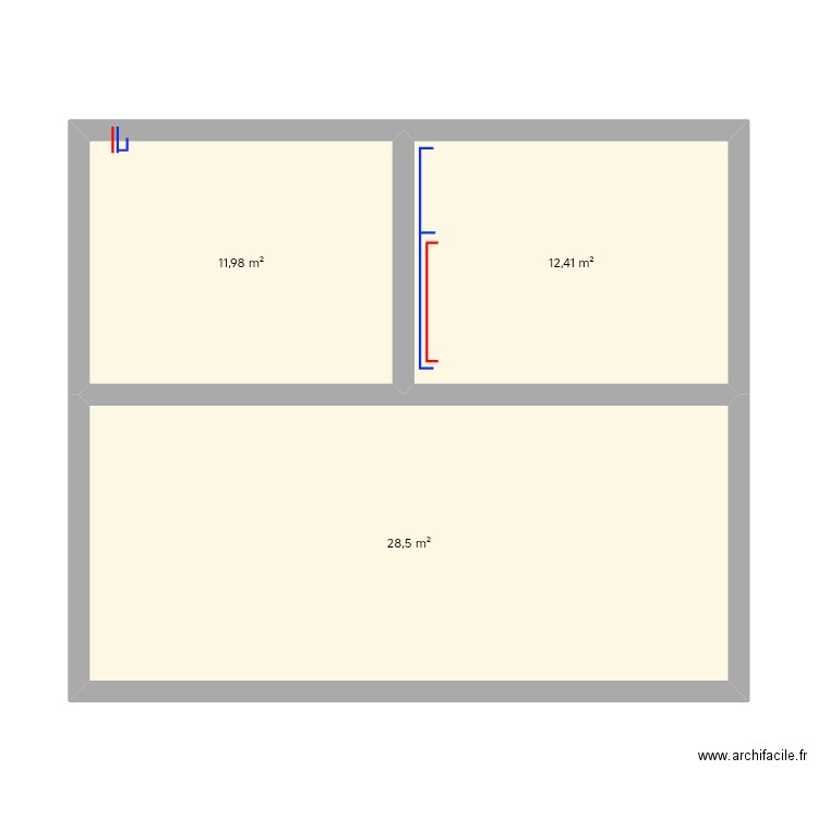 1e étage plomberie. Plan de 3 pièces et 53 m2