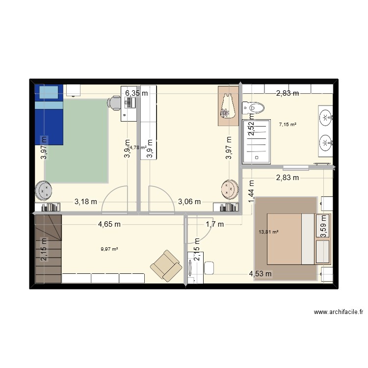 maison etage. Plan de 4 pièces et 56 m2