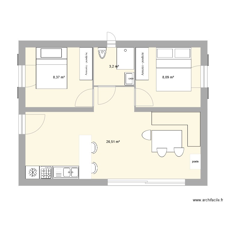 Plan Maison 8x6. Plan de 4 pièces et 46 m2