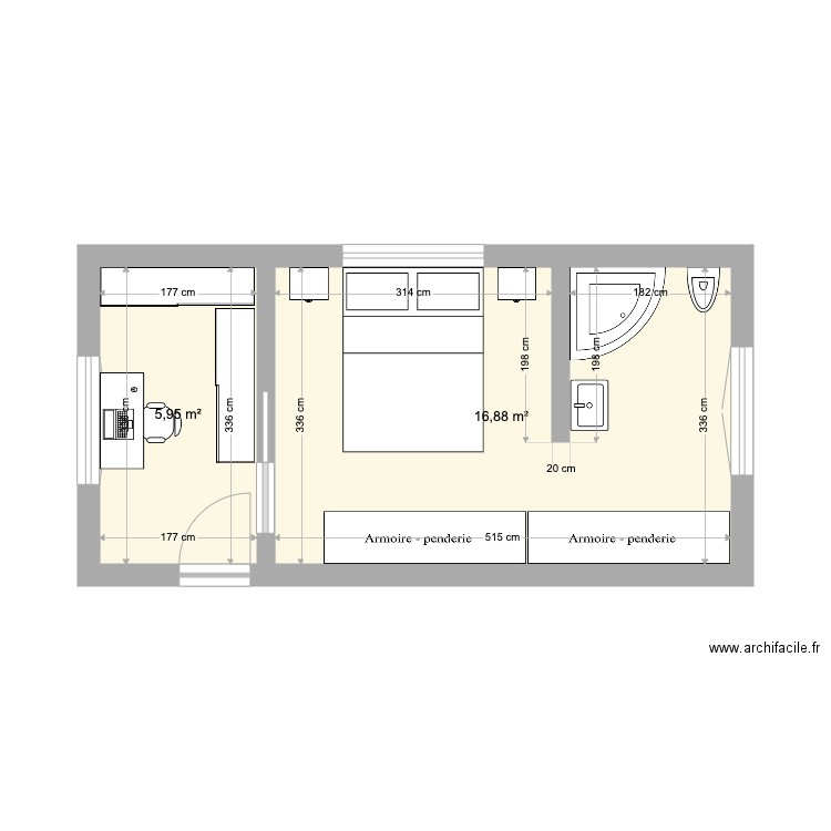 Projet Chambre 4. Plan de 2 pièces et 23 m2