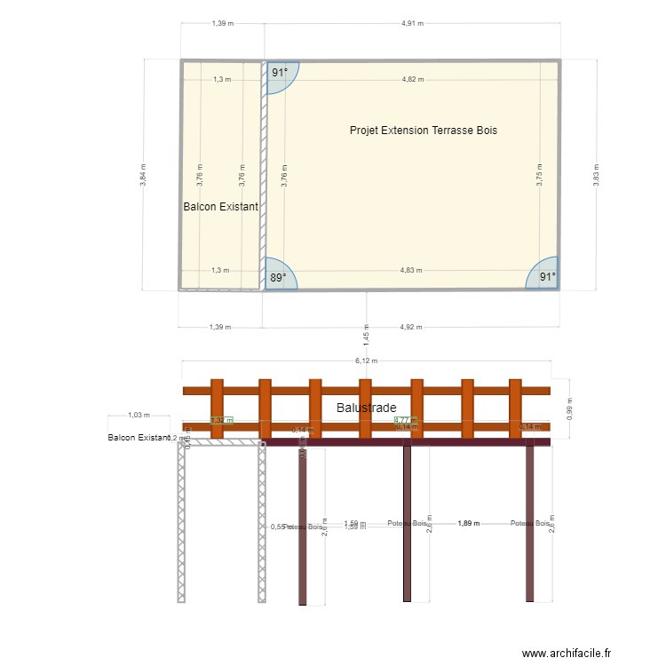 Plan 3 D Projet Terrasse. Plan de 2 pièces et 23 m2
