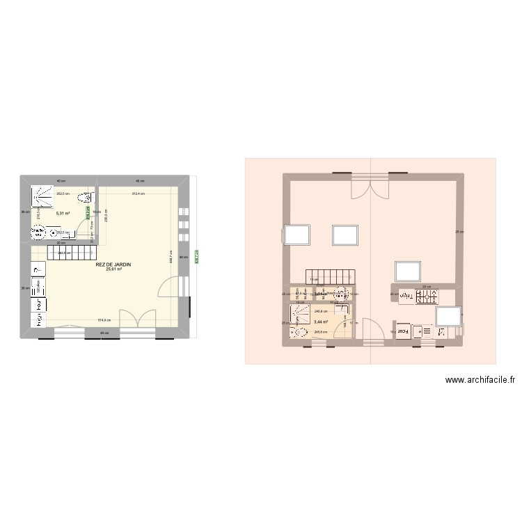 LAQUET SUD NORD . Plan de 4 pièces et 36 m2