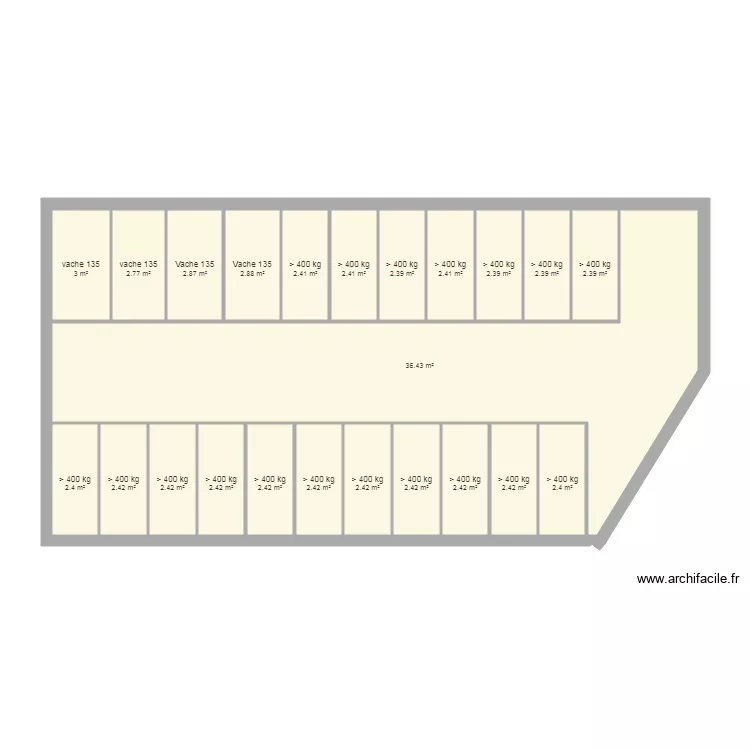 Logettes dans hangar. Plan de 