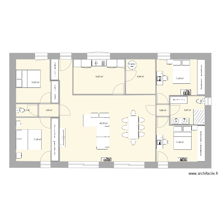 maison rectangle. Plan de 11 pièces et 114 m2