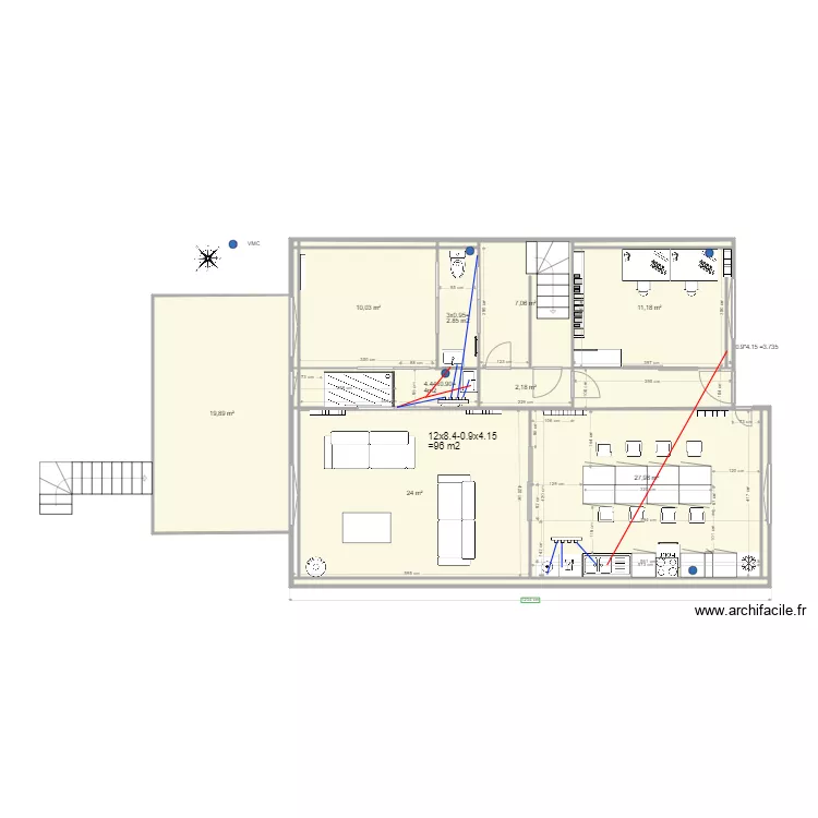 APRES rdc Thomery mur chbre intact reseaux eau. Plan de 