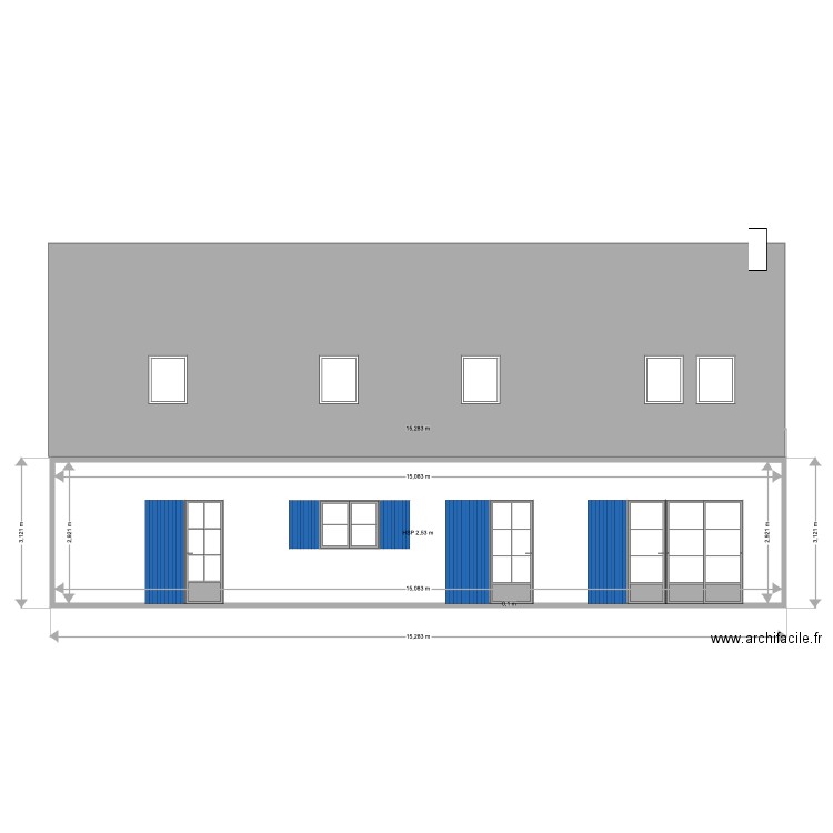 Facade EST projet. Plan de 1 pièce et 44 m2