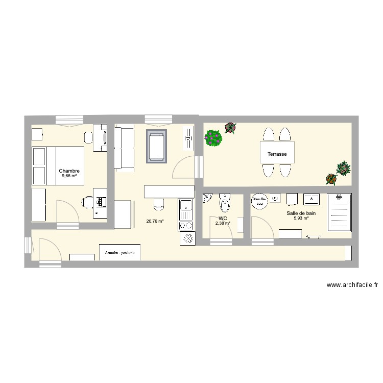 plan T2. Plan de 5 pièces et 51 m2