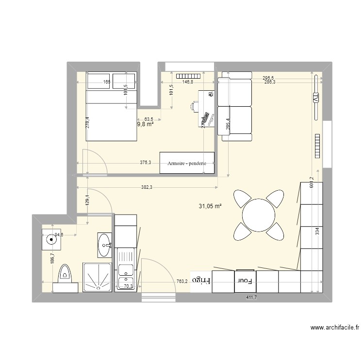 petit t2 dans combles. Plan de 2 pièces et 41 m2