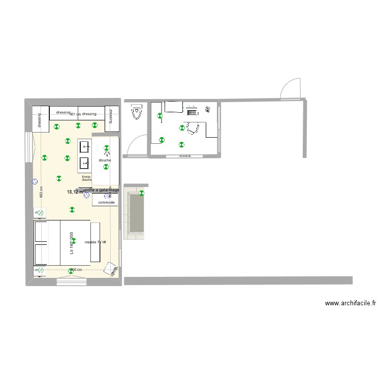 chambre parentale. Plan de 1 pièce et 18 m2