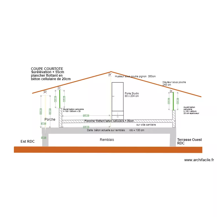 plan coupe courtote avec sur&eacute;l&eacute;vation + 55cm 2 . Plan de 