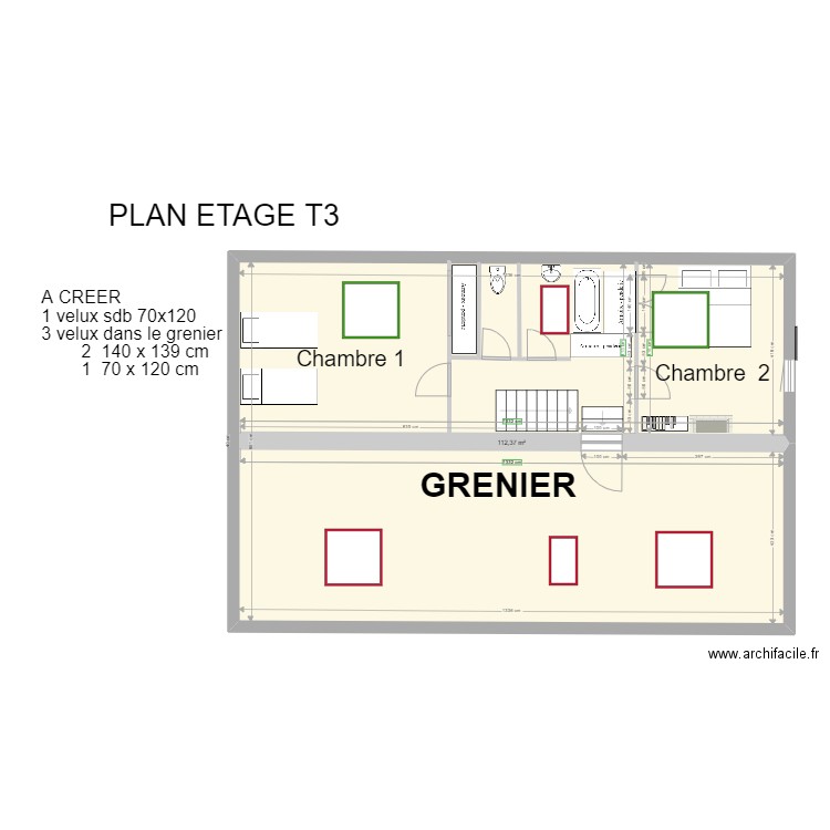 PLAN ETAGE T3 VELUX A CREER . Plan de 1 pièce et 112 m2