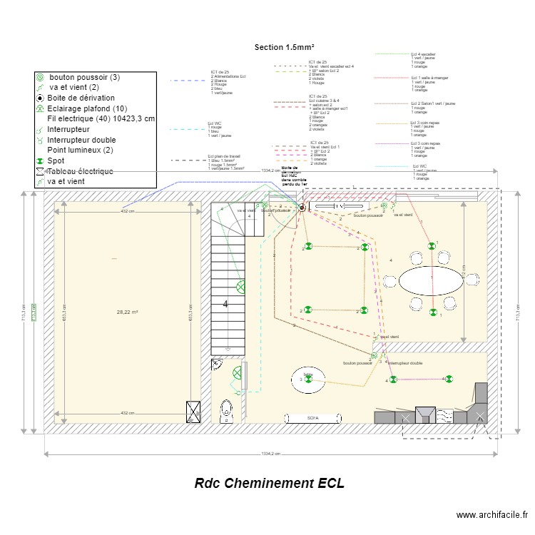 version 3 - Rdc __ cheminement éclairage. Plan de 3 pièces et 80 m2