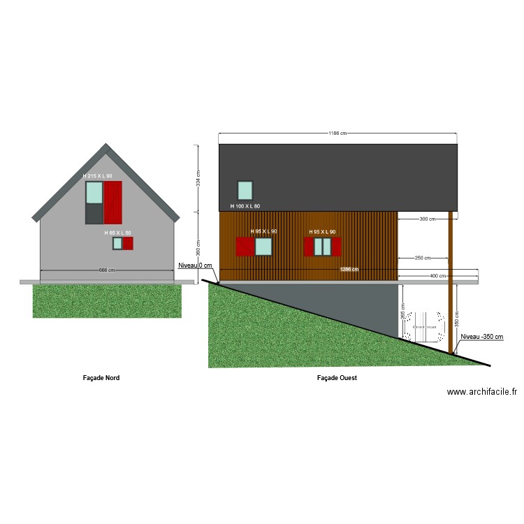 Facades et toiture ROUGE (Nord et Ouest). Plan de 0 pièce et 0 m2