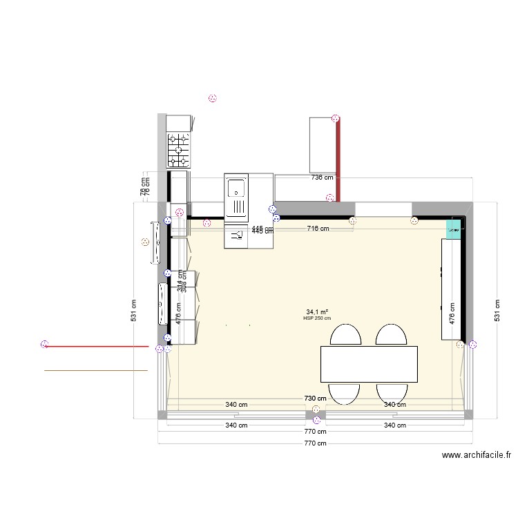 Extension cuisine avec électricité - Prises. Plan de 1 pièce et 34 m2