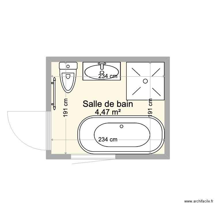 SDB 1 vasque et WC. Plan de 1 pièce et 4 m2