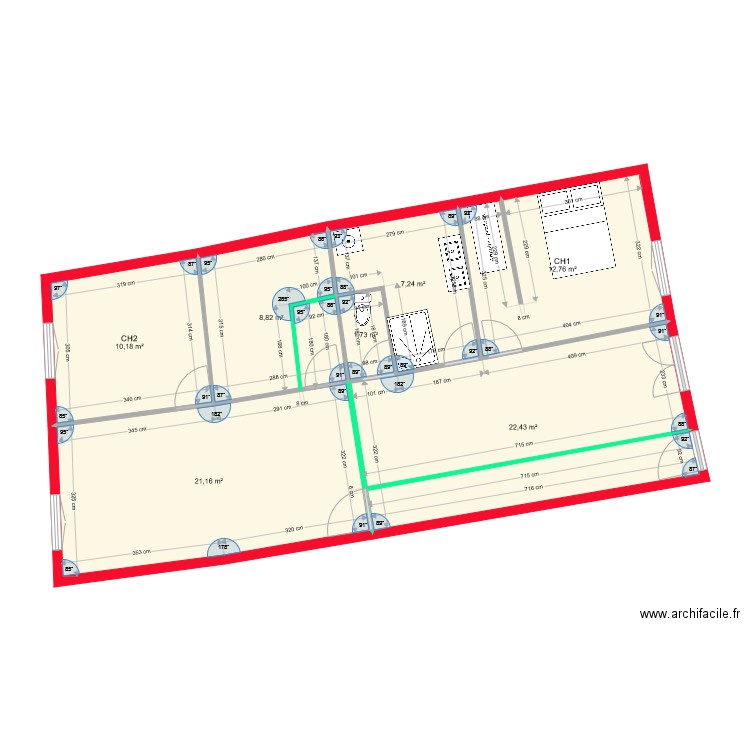 separation en 2 appart cloison verte. Plan de 7 pièces et 84 m2