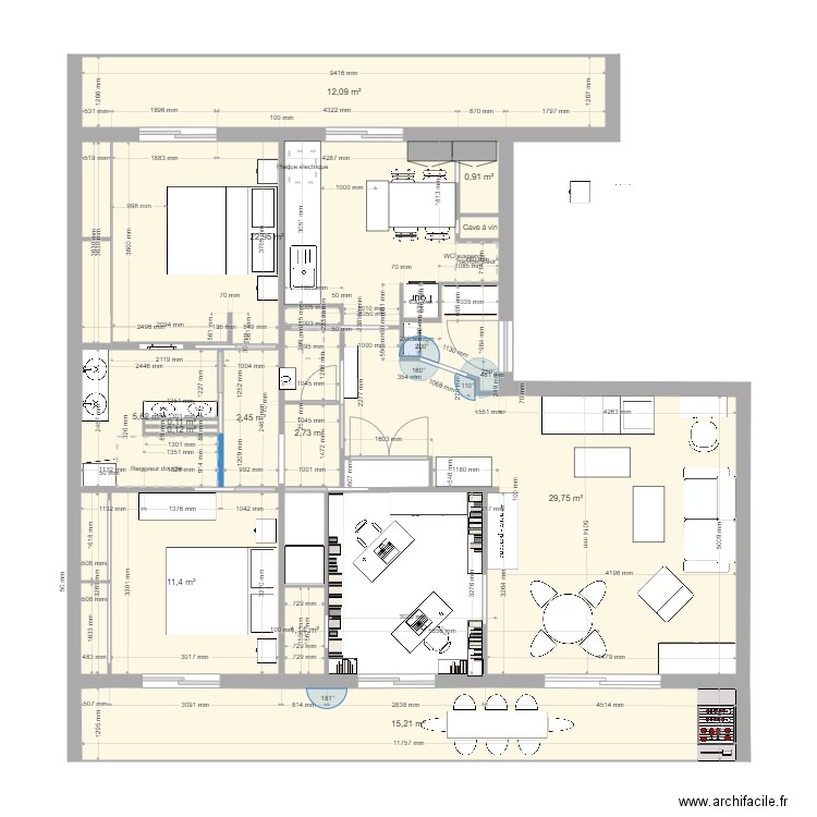 t4fino8.5. Plan de 13 pièces et 105 m2