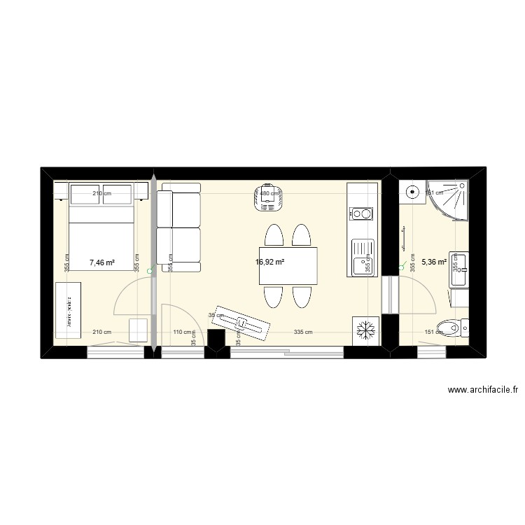 studio swan. Plan de 3 pièces et 30 m2