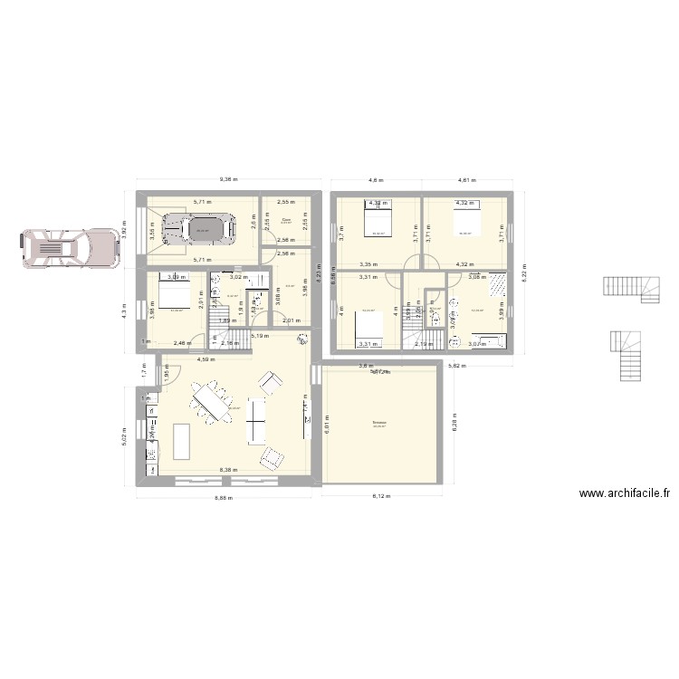 maison 3 bis. Plan de 14 pièces et 214 m2