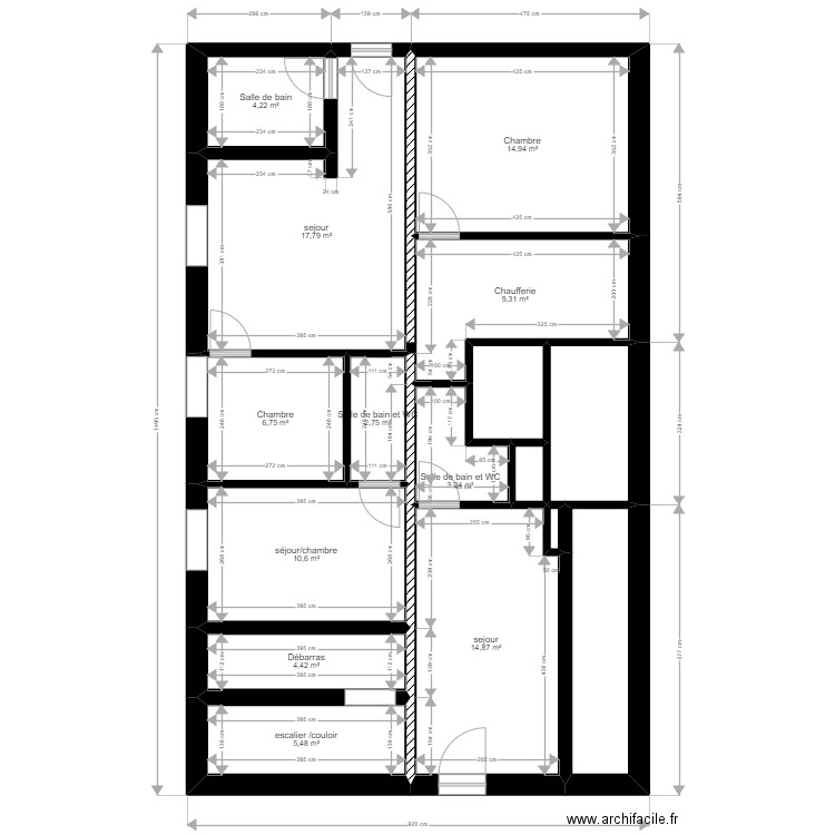 Plan Love rooms en enlevant les cloisons. Plan de 16 pièces et 109 m2