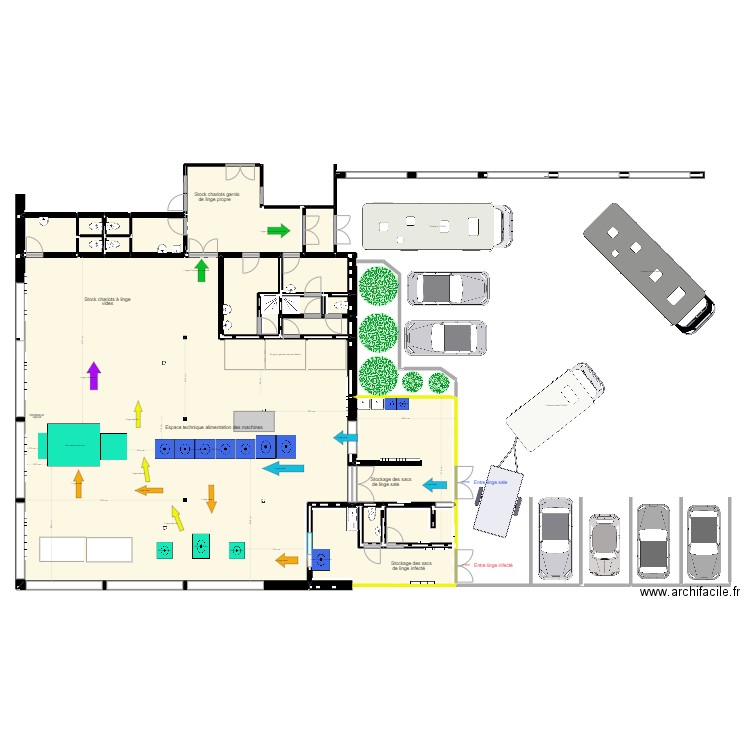 buanderie avec nouvelle calandreuse. Plan de 19 pièces et 332 m2