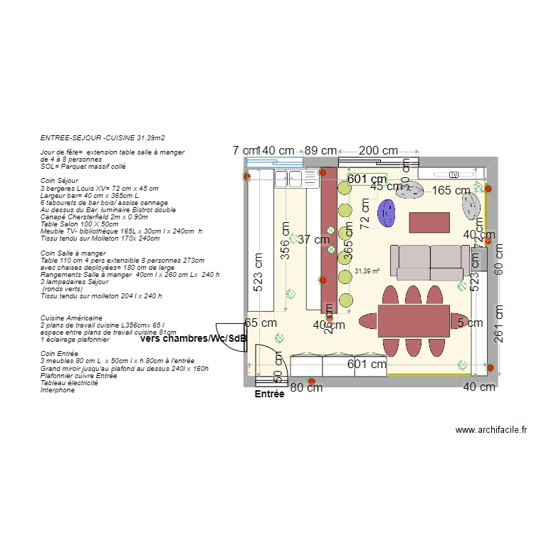 escurial séjour cuisine entrée projet avec table de 8. Plan de 1 pièce et 31 m2