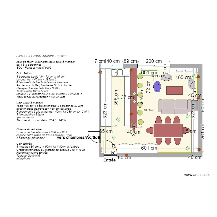 escurial s&eacute;jour cuisine entr&eacute;e projet avec table de 8. Plan de 
