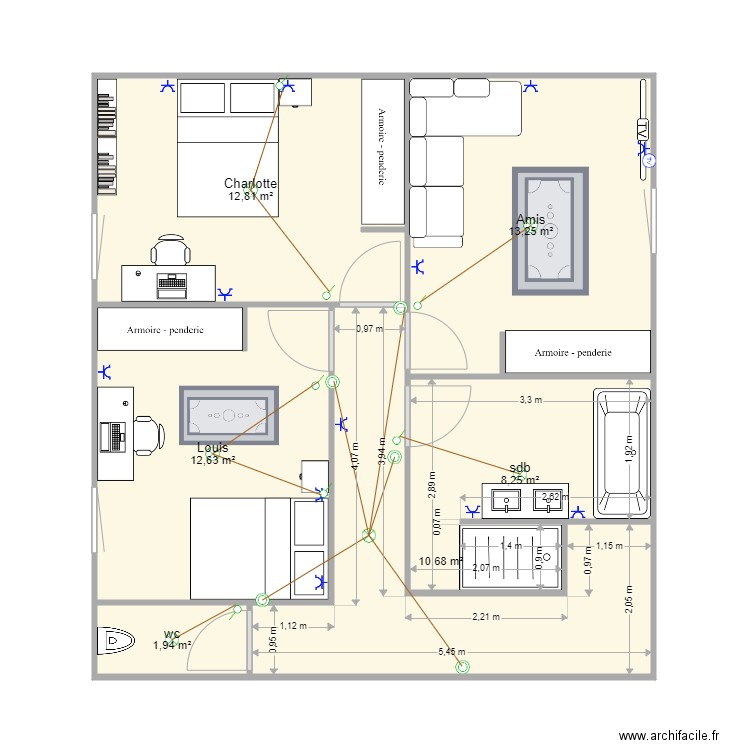 etage. Plan de 6 pièces et 60 m2