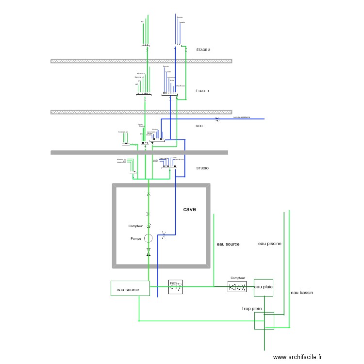 Réseau Eau. Plan de 1 pièce et 39 m2