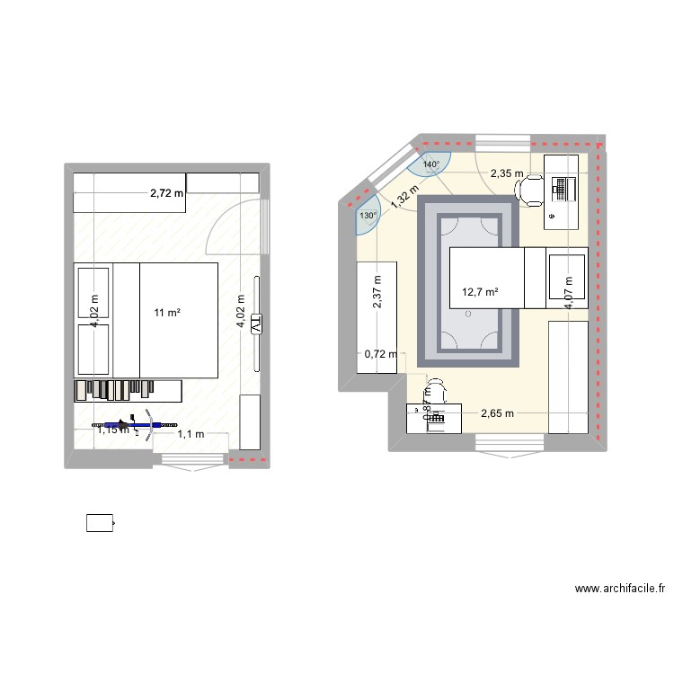 chambre petit. Plan de 2 pièces et 24 m2