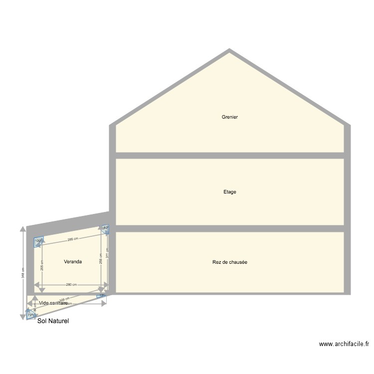 Plan de coupe projet 3. Plan de 5 pièces et 69 m2