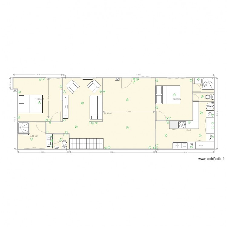 SdB Ch 1 WC RC. Plan de 7 pièces et 81 m2