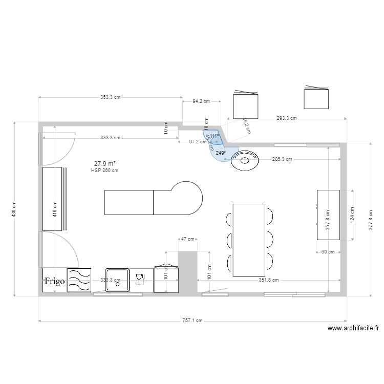 cuisine. Plan de 1 pièce et 28 m2