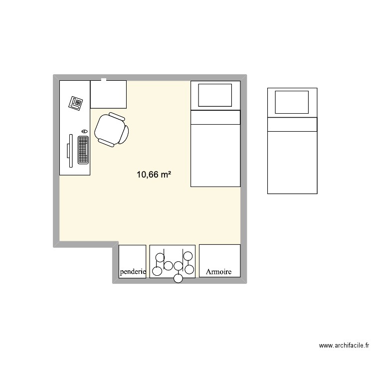 chambre. Plan de 1 pièce et 11 m2