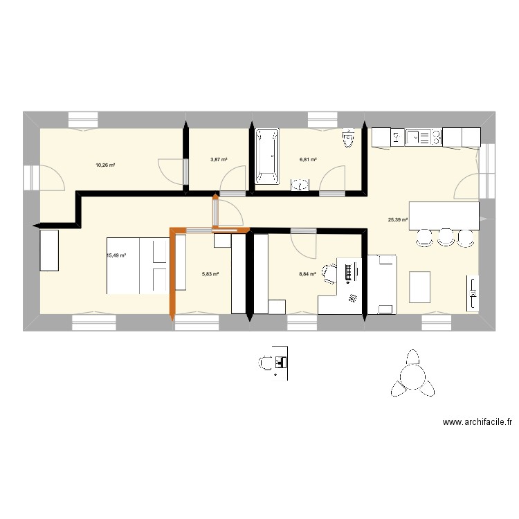 Cornol rez de chaussée. Plan de 7 pièces et 76 m2