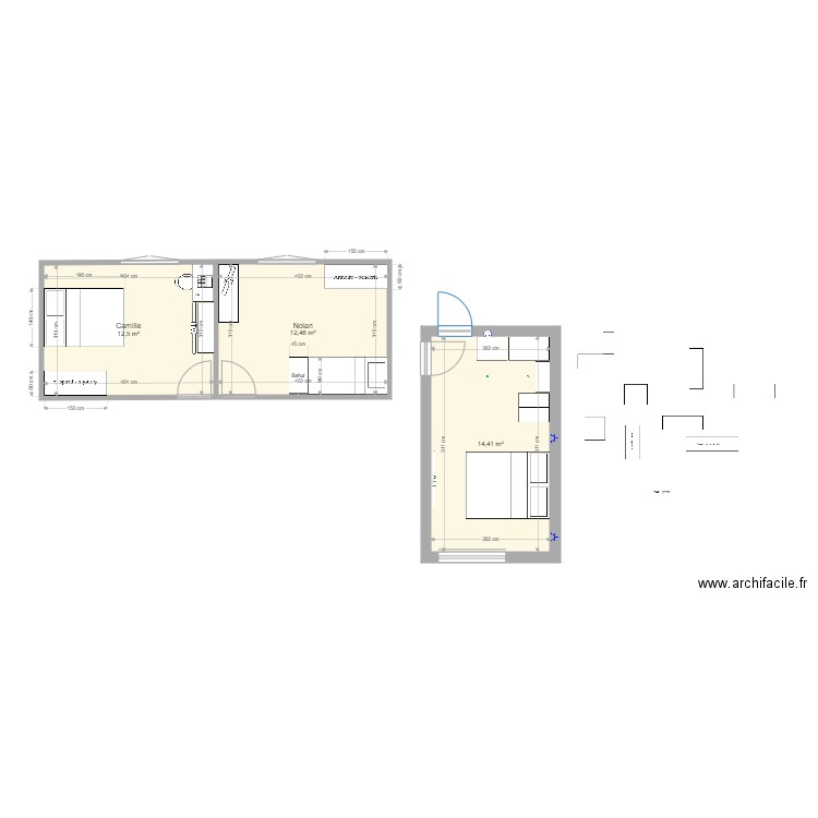 Chambre. Plan de 3 pièces et 39 m2