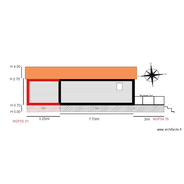 Facade EST   chalet 56. Plan de 5 pièces et 33 m2