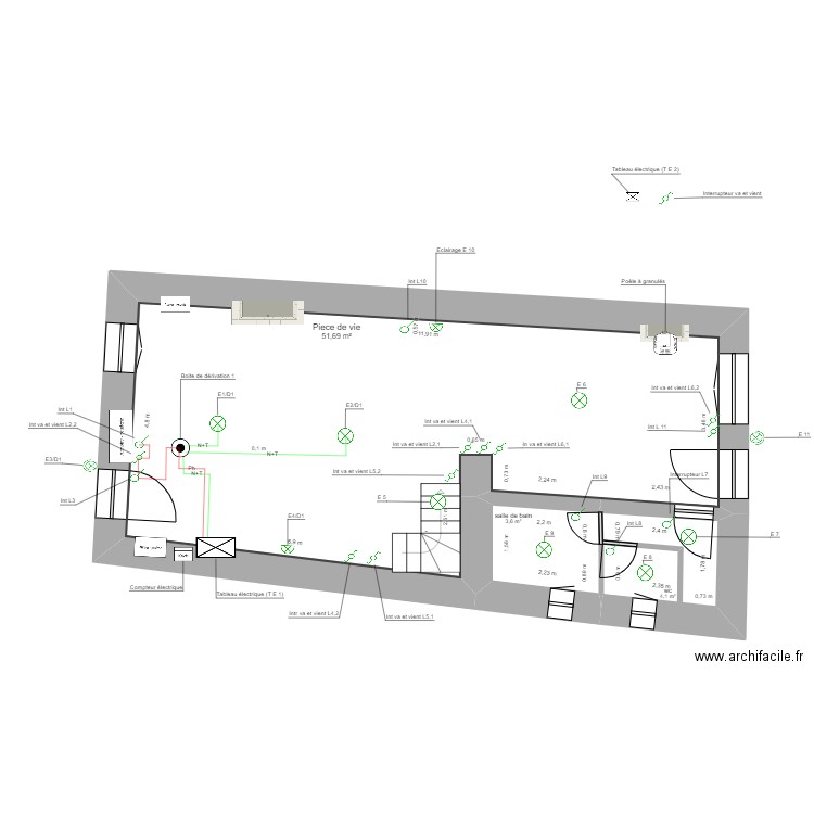 Maison R D C projet Cable eclairage. Plan de 3 pièces et 59 m2